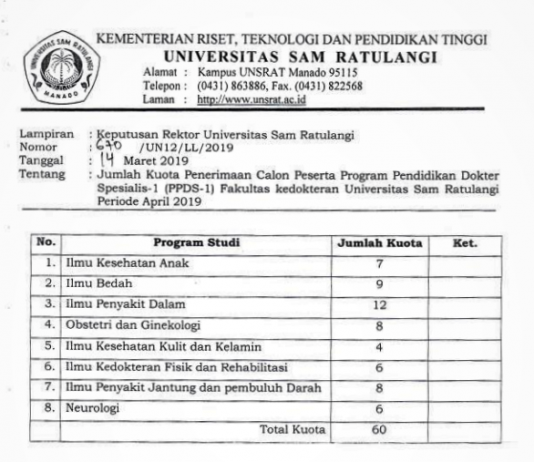 Kuota Penerimaan Peserta PPDS-1 Bagian IKA FK Unsrat Periode April 2019