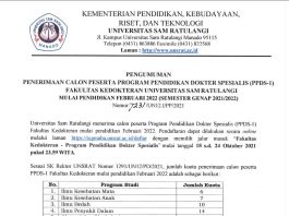 Kuota Penerimaan Peserta PPDS-1 Bagian IKA FK Unsrat Periode Oktober 2021