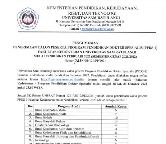Kuota Penerimaan Peserta PPDS-1 Bagian IKA FK Unsrat Periode Oktober 2021