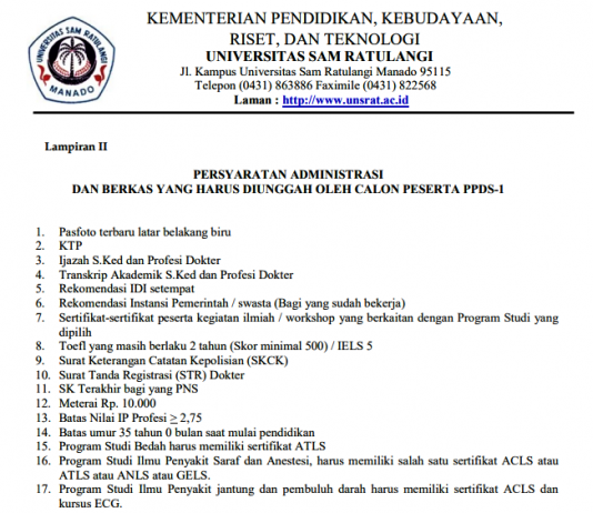 Persyaratan Pendaftaran PPDS-1 Fakultas Kedokteran Univeritas Sam Ratulangi Manado